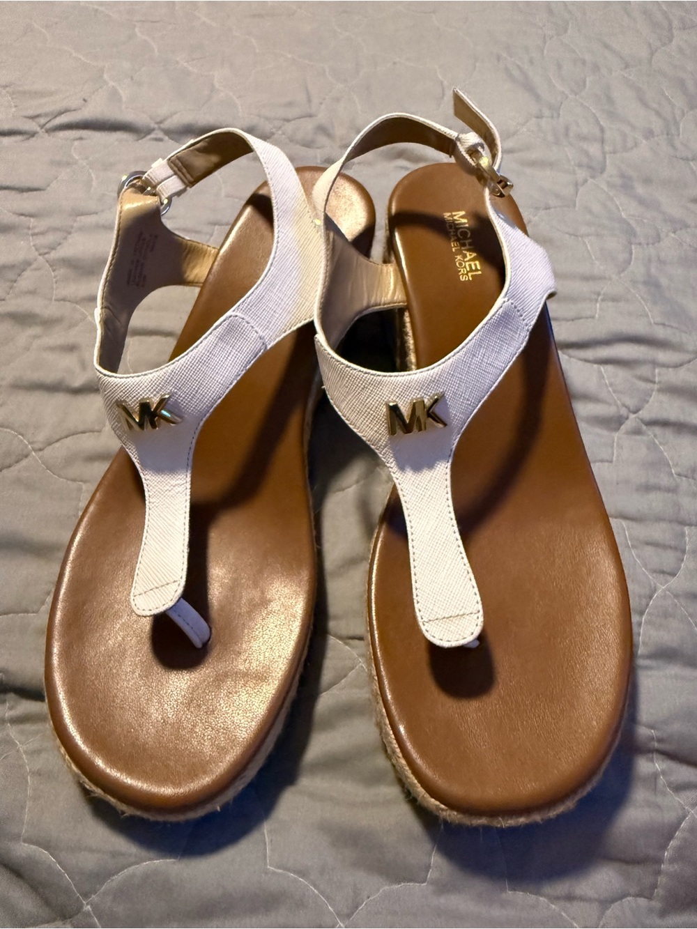 Michael Kors White Leather Thong Sandals with Gold MK Emblem